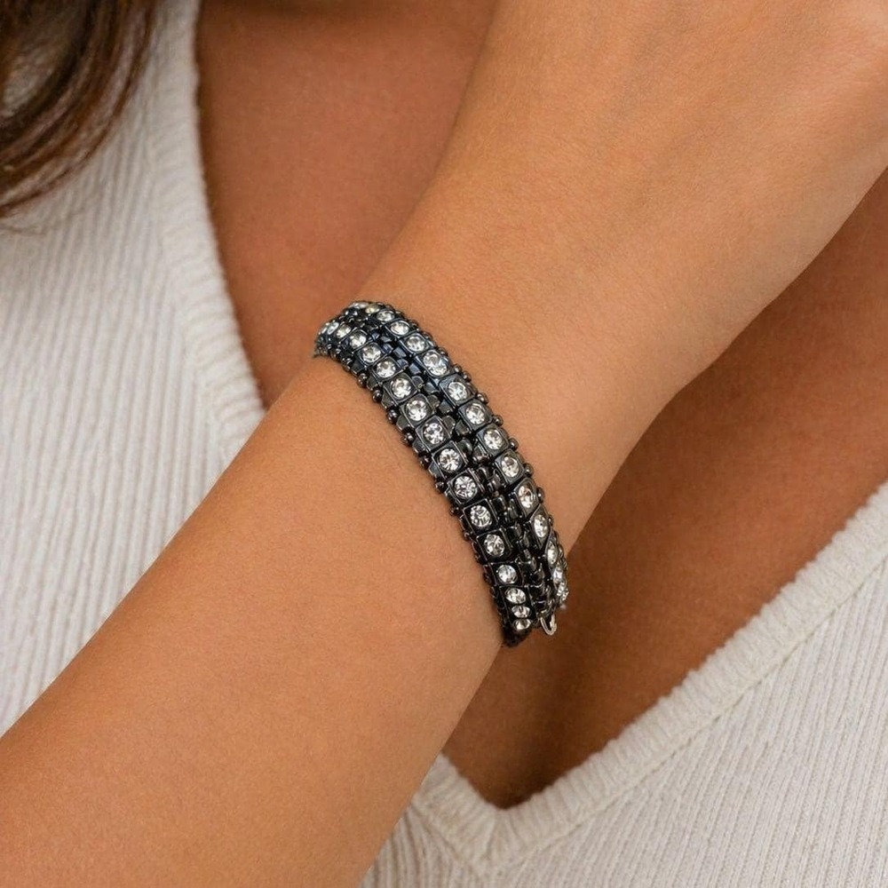 Vintage Chicos Gunmetal Rhinestone Stretch Bracelet Wide Crystal Y2K Jewelry
